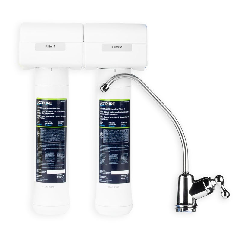 EcoPure ECOP20 2 Stage Under Sink Water Filter System â€“ NSF-Certified to Reduce 58 Contaminants â€“ Clean Drinking Water â€“ Easy Filter Changes â€“ Includes Chrome Faucet & Filters - Image 1